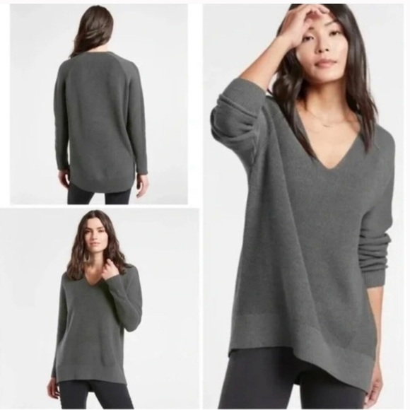 Athleta Sweaters - ATHLETA Hanover Ribbed V-Neck Wool Blend Sweater Gray Mist